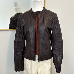 Women's Quilted Leather Moto Jacket - Dark Brown/burgandy